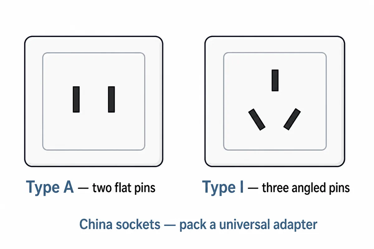 Diagram comparing China Type A two-flat-pin socket and Type I three-angled-pin socket