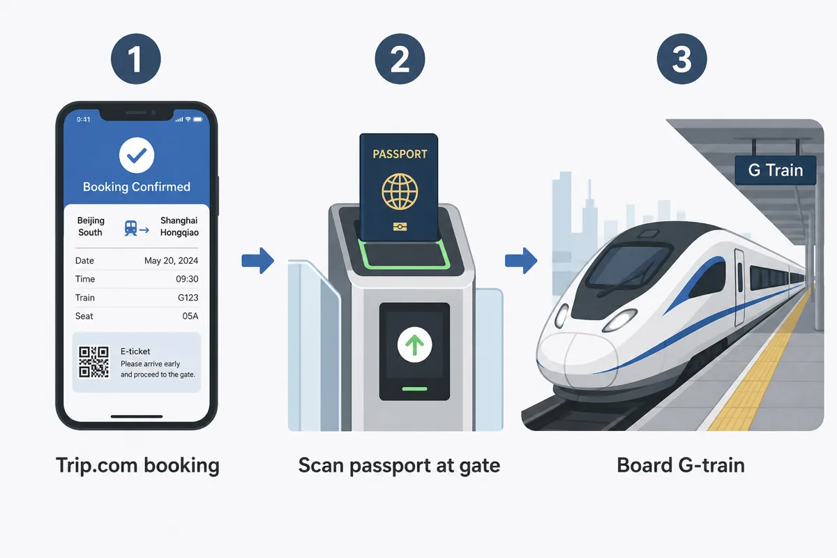 Three steps for China train travel: Trip.com booking, scan passport at gate, board G-train