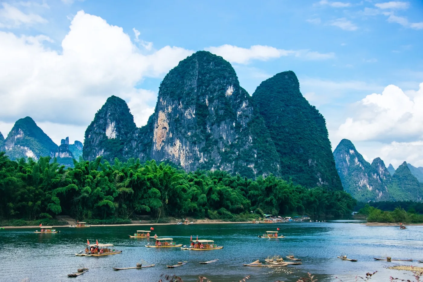 Limestone karst peaks rising above the Li River near Guilin