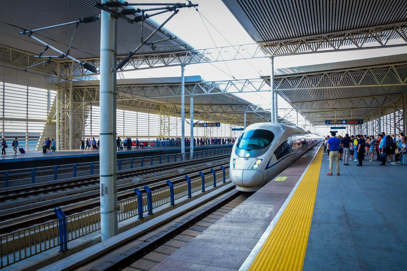 China bullet train arriving at a modern station platform