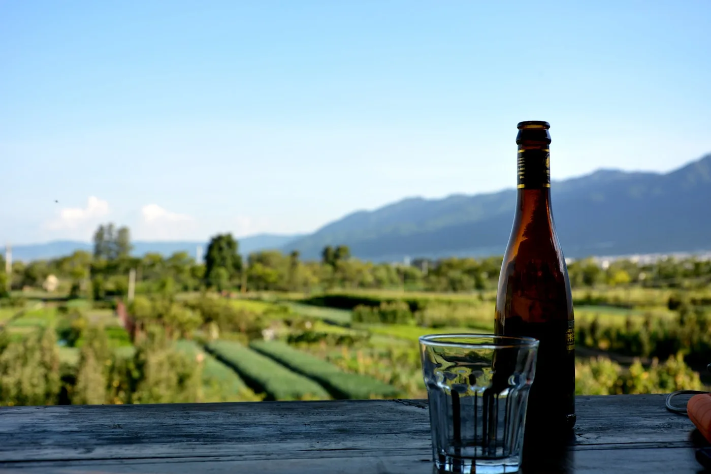 Drinking glass and bottle overlooking rural China countryside