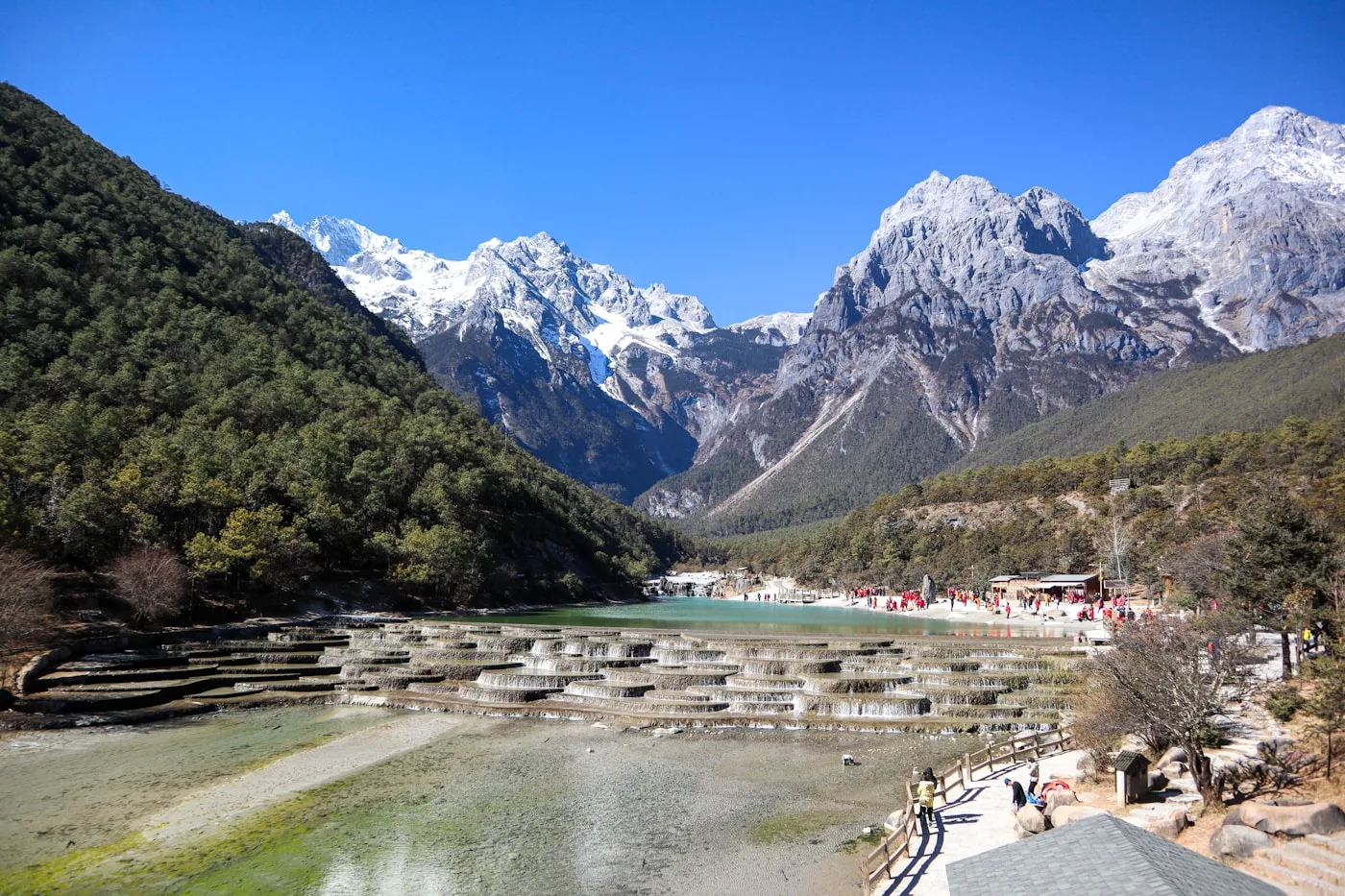 Tiger Leaping Gorge trail with Jinsha River and snow peaks in Yunnan Province