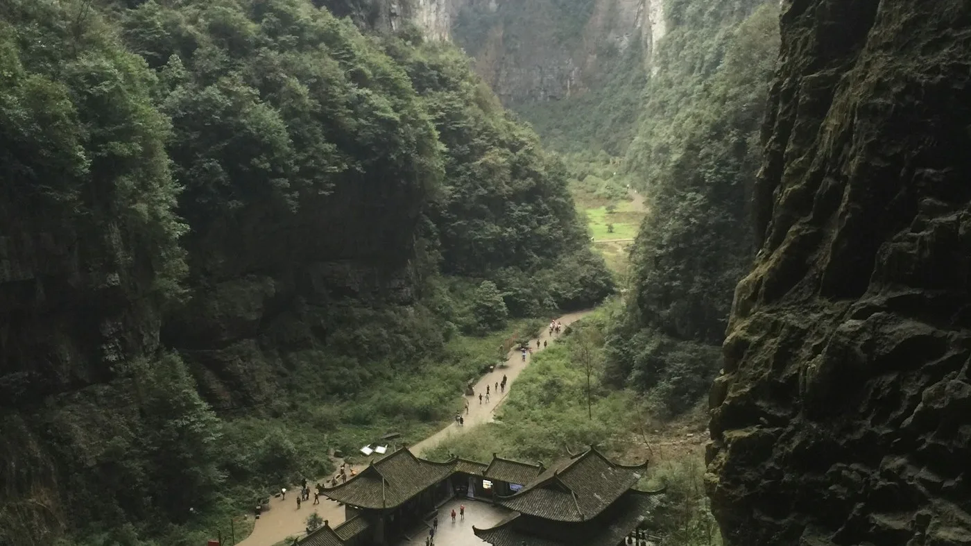 Travelers walking through Wulong Karst valley near Chongqing